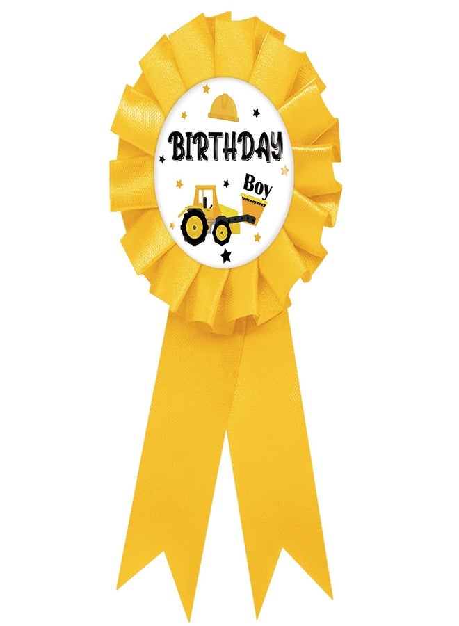 SUPERLUBY Construction Birthday Boy Tinplate Badge Pin, Yellow Rosette, Excavator Happy Birthday Button for Boy, Baby Shower Party Favors - Image 1
